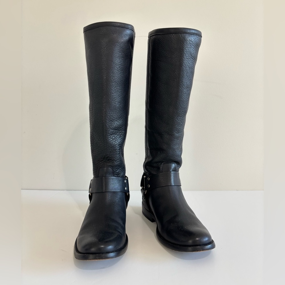 Frye Philip Harness Tall Black Leather Moto Boots Women Sz 5.5 Classic Timeless